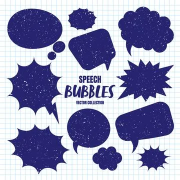 Hand drawn comic speech bubbles on checkered paper sheet. School notebook for Stock Illustration