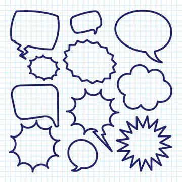 Hand drawn comic speech bubbles on checkered paper sheet. School notebook for Stock Illustration