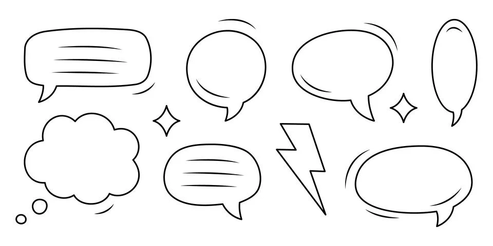 Hand drawn comic speech bubbles set with doodle style. Outline vector talk Stock Illustration