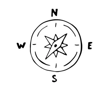 Hand drawn compass navigation doodle icon, direction symbol north south eas.. Illustrazione stock