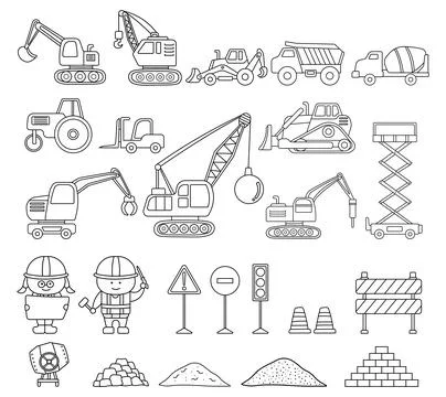 Hand drawn Complete set Illustration vector of construction machines childr.. Illustrazione stock