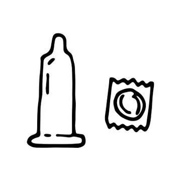 Hand drawn condom and package doodle. Sketch style icon. Decoration element.  Stock-Illustration