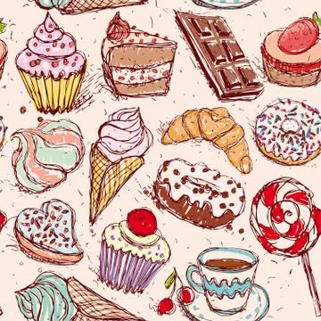 Hand drawn confectionery seamless pattern croissant Cupcake candy marshmallow Stock Illustration