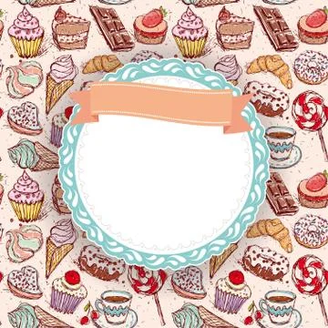 Hand drawn confectionery seamless pattern croissant Cupcake candy marshmallow Stock Illustration