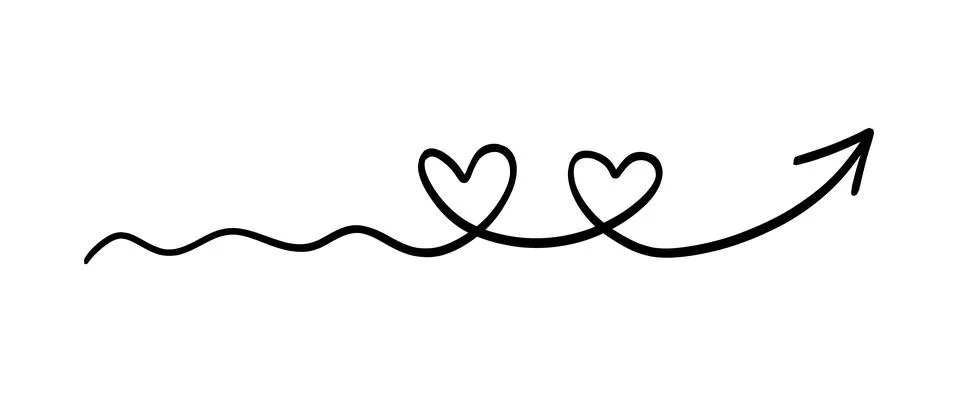 Hand-drawn continuous line art of two hearts leading to an arrow Stock Illustration