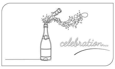 Hand drawn continuous line art illustration of a popping champagne bottle wit Stock Illustration