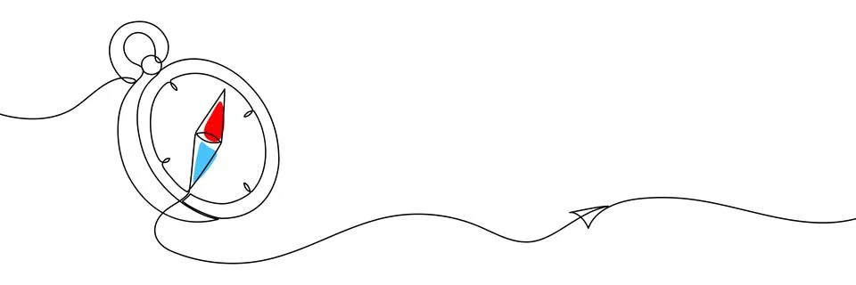 Hand-drawn continuous line compass illustration. Minimalist travel direction Stock Illustration