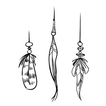 Hand drawn contour feathers. Hackles of bird Isolated on white background.  Stock Illustration