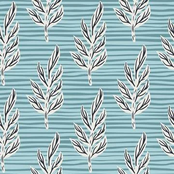 Hand drawn contoured leaf branches ornament seamless pattern. Blue striped ba Stock Illustration