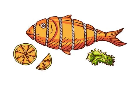 Hand drawn cooked fish with lemon color vector illustration Stock Illustration
