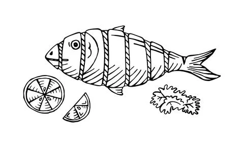 Hand drawn cooked fish with lemon vector illustration Stock Illustration