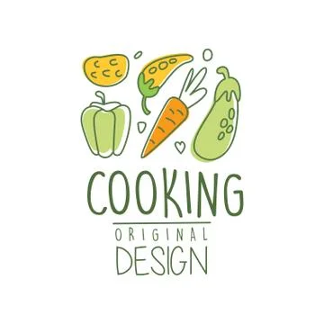 Hand drawn cooking logo design with fresh vegetables. Organic food cafe Ilustração Stock