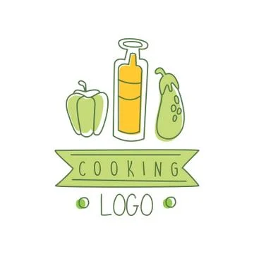 Hand drawn cooking logo original design with pepper, eggplant and bottle of oil Stock-Illustration