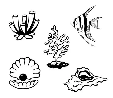 Hand drawn corals, seashell, pearl isolated on white . Silhouette icons Illustrazione stock
