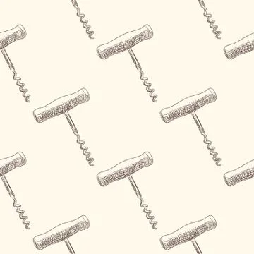 Hand drawn corkscrew seamless pattern. Engraving style. Stock Illustration