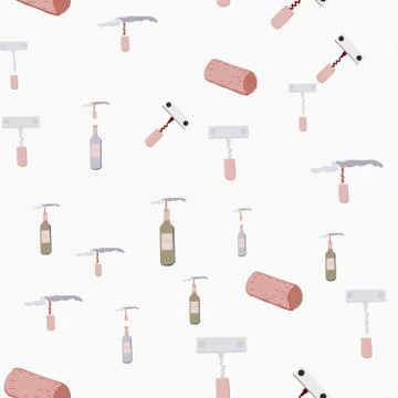 Hand drawn corkscrews and bottle of wines on light background seamless patter Stock Illustration