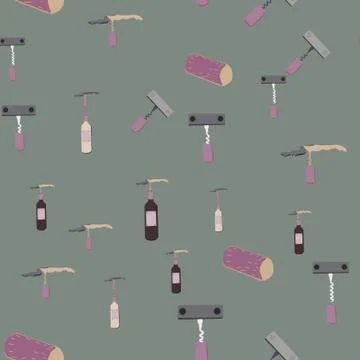 Hand drawn corkscrews and bottle of wines on dark grey background seamless pa Illustrazione stock