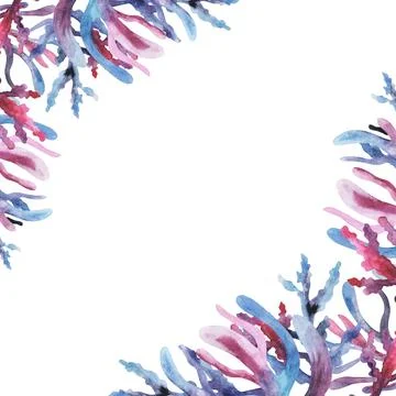 Hand drawn corners frame multicolored watercolor sea coral frame. Square Stock Illustration
