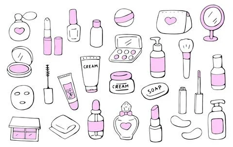 Hand drawn cosmetics doodle set, beauty makeup icons collection sketch illu.. Stock Illustration