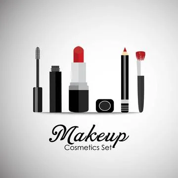 Hand drawn cosmetics set. Nail polish, mascara, lipstick, eye shadows, brus.. Stock Illustration
