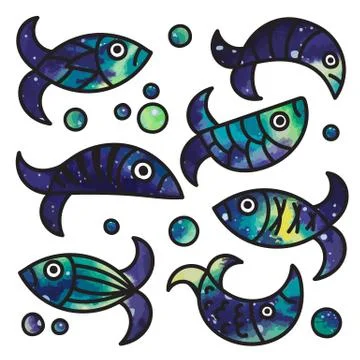Hand drawn cosmic collection of various fish. Isolated on white background Stock Illustration