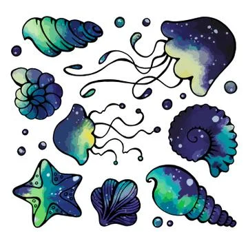 Hand drawn cosmic collection of various seashell,  jellyfish and starfish Stock Illustration
