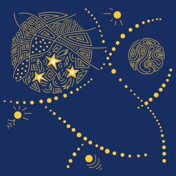 Hand drawn cosmic doodles background . Planets, stars Vector. Stock Illustration