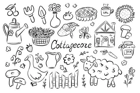 Hand Drawn Cottagecore Elements Rustic Illustration Set Stock Illustration