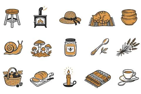 Hand-drawn cottagecore icon set in black and ochre Stock Illustration