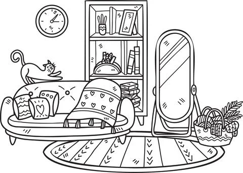 Hand Drawn couch with mirrors and shelves interior room illustration Ilustração Stock