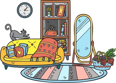 Hand Drawn couch with mirrors and shelves interior room illustration Ilustração Stock