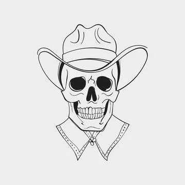 Hand drawn cowboy skull in hat vector icon in black ink doodle style Stock Illustration
