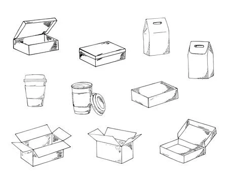 Hand-drawn craft boxes and coffee cups set. Lunch bags, mail boxes, and cof.. イラスト素材