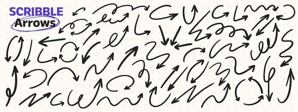 Hand drawn crayon arrow set. Scribble curved and straight doodle pointers i.. Stock Illustration