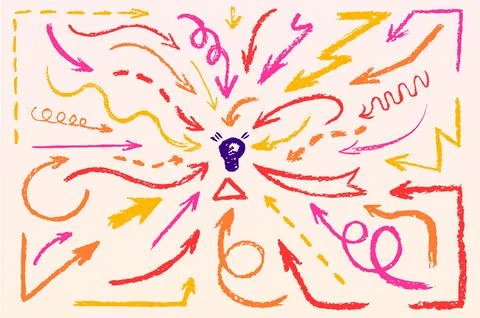 Hand drawn crayon arrows pointing at light bulb Stock Illustration