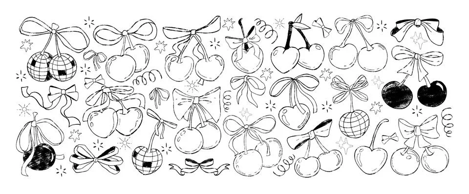 Hand drawn crayon cherry fruit stickers with bows, ribbons and disco ball Stock Illustration