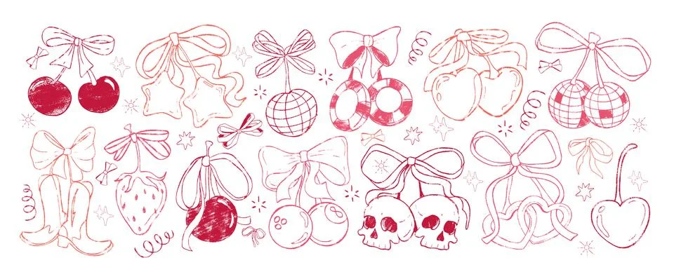 Hand drawn crayon cherry fruit stickers with bows, ribbons, disco ball, gambling 스톡 일러스트