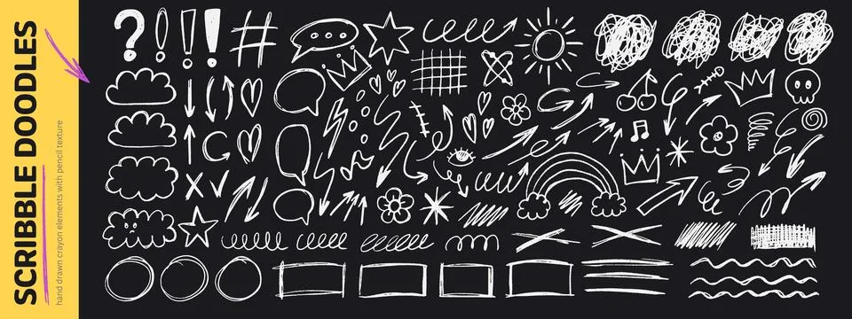 Hand drawn crayon doodle set with scribble arrows, circles and clouds. Roug.. イラスト素材
