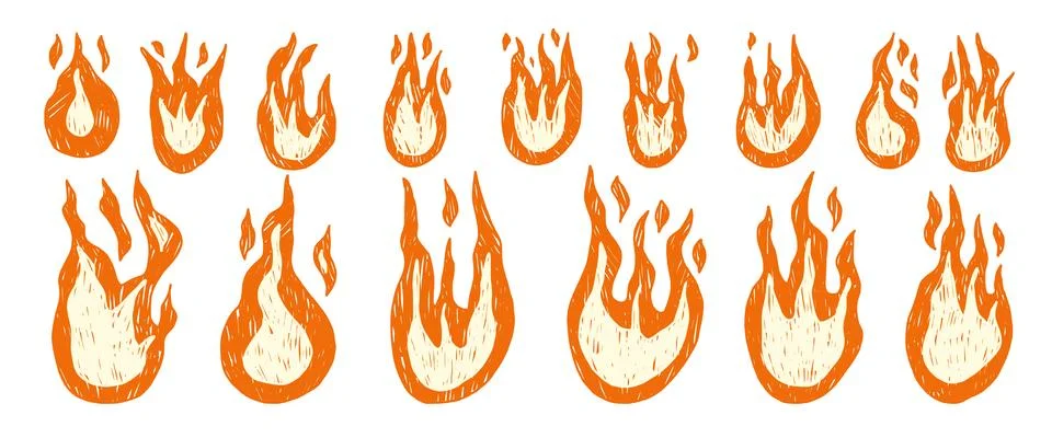 Hand-drawn crayon fire illustrations with grunge texture. Doodle brush flame Stock Illustration