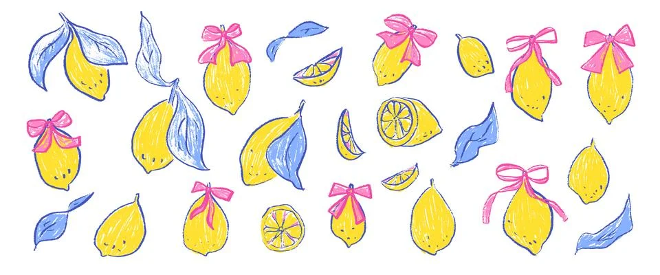 Hand-drawn crayon lemons and bow. Coquette whimsical citrus fruit set with Stock Illustration