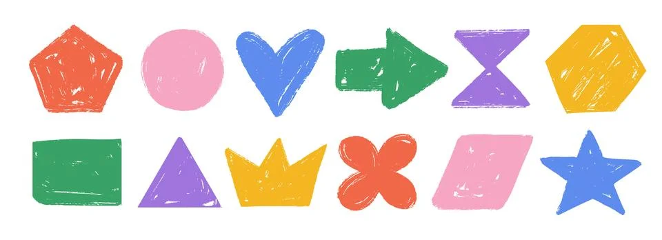 Hand drawn crayon shape set. Colorful bright charcoal doodle collection. Pastel Illustrazione stock