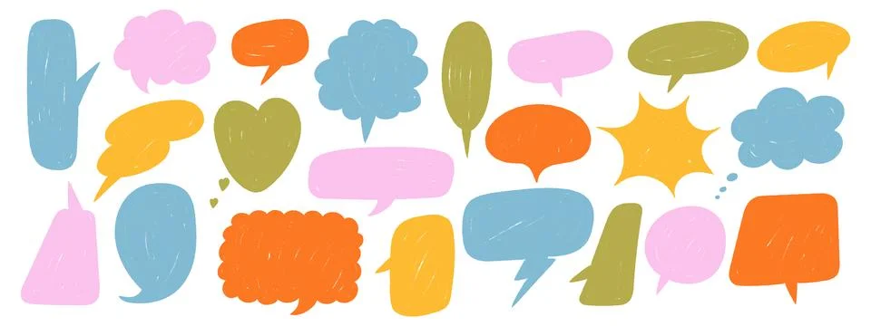 Hand drawn crayon speech bubbles set. Colorful doodle style comic talk ball.. 스톡 일러스트