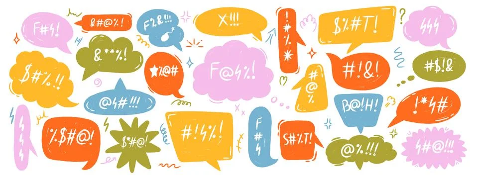 Hand drawn crayon speech bubbles with swearing and curse words. Aggressive .. Stock Illustration