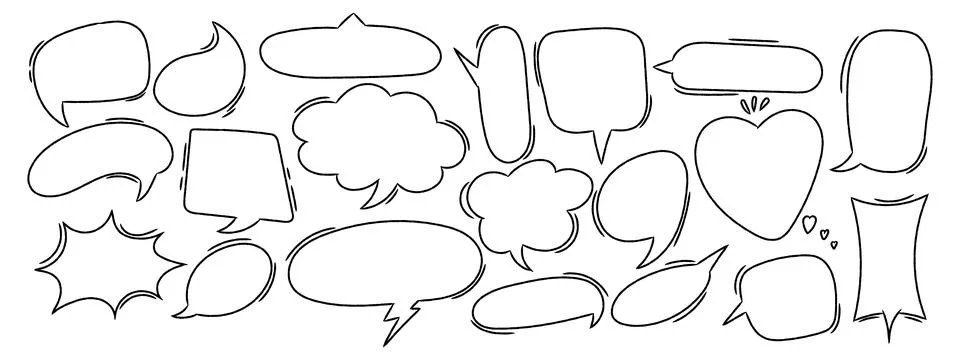 Hand drawn crayon speech bubbles set. Doodle style comic talk balloons coll.. 스톡 일러스트