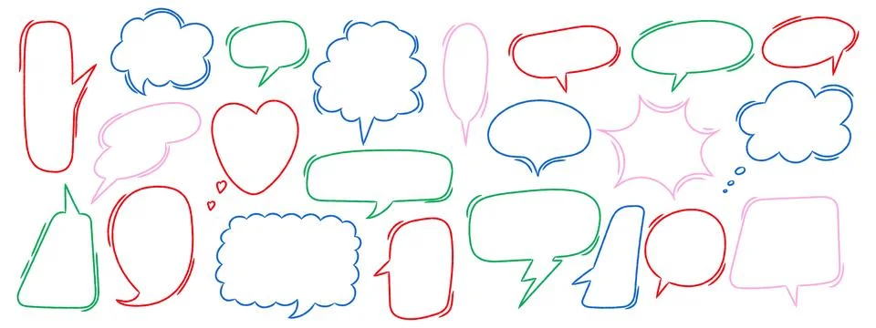 Hand drawn crayon speech bubbles set in doodle style. Colorful charcoal tex.. Stock Illustration