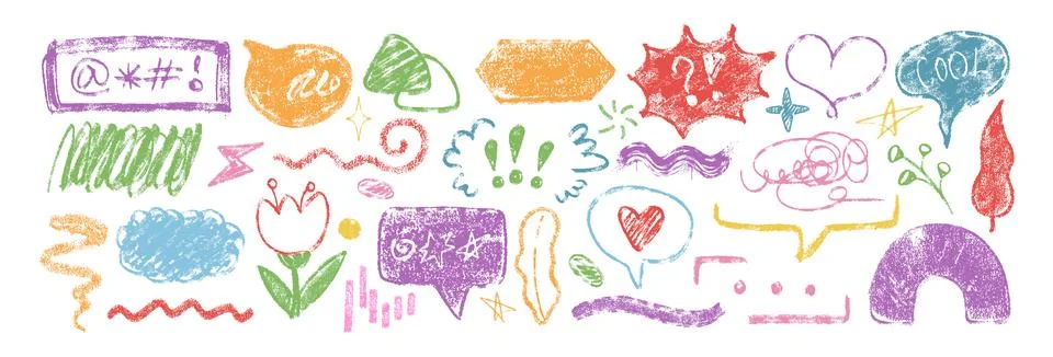 Hand drawn crayon speech bubbles, scribbles, chalk pencil texture kid doodle Illustrazione stock