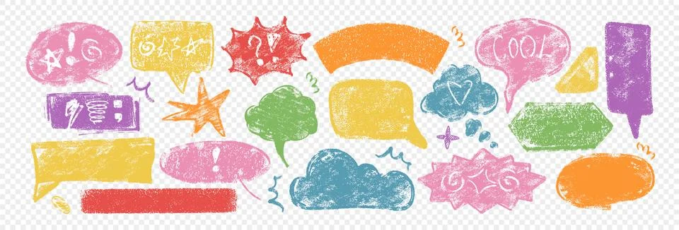 Hand drawn crayon speech bubbles, rough lines, chalk pencil texture doodle text Illustrazione stock