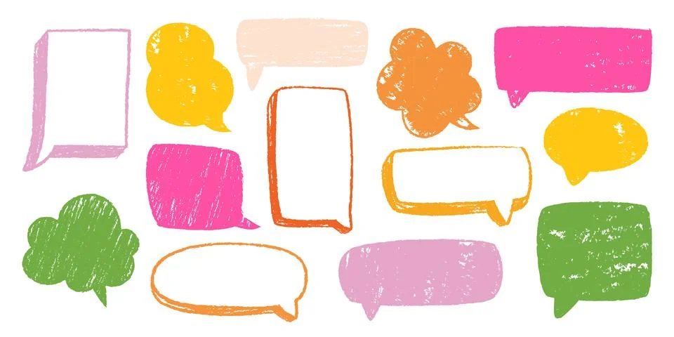 Hand drawn crayon speech bubbles, doodle frames Stock Illustration