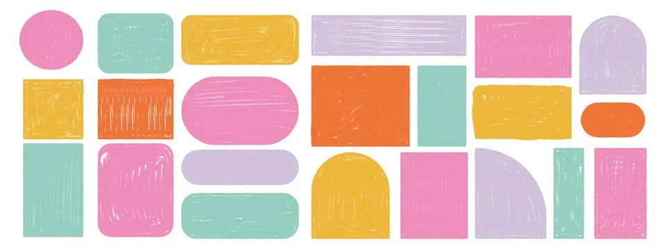 Hand drawn crayon text boxes set. Colorful grunge frames with uneven edges,.. Illustrazione stock