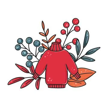 Hand drawn creative with knitted sweater, foliage and berries イラスト素材